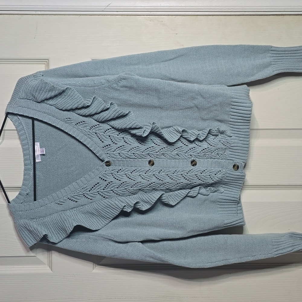 LC Lauren Conrad Light Blue Ruffled Cardigan Sz LG